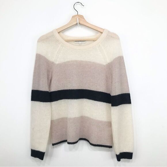 White + Warren Black Blush Cream 100% Cashmere Lightweight Striped Sweater - Picture 1 of 14